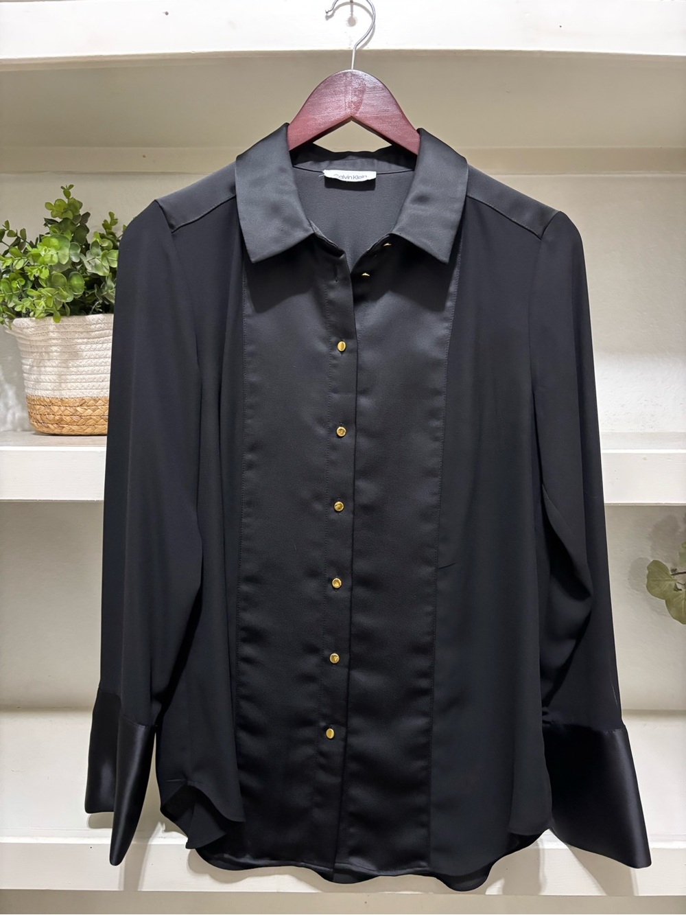 Calvin Klein Black Satin-Trim Button Down Shirt with Gold Buttons
